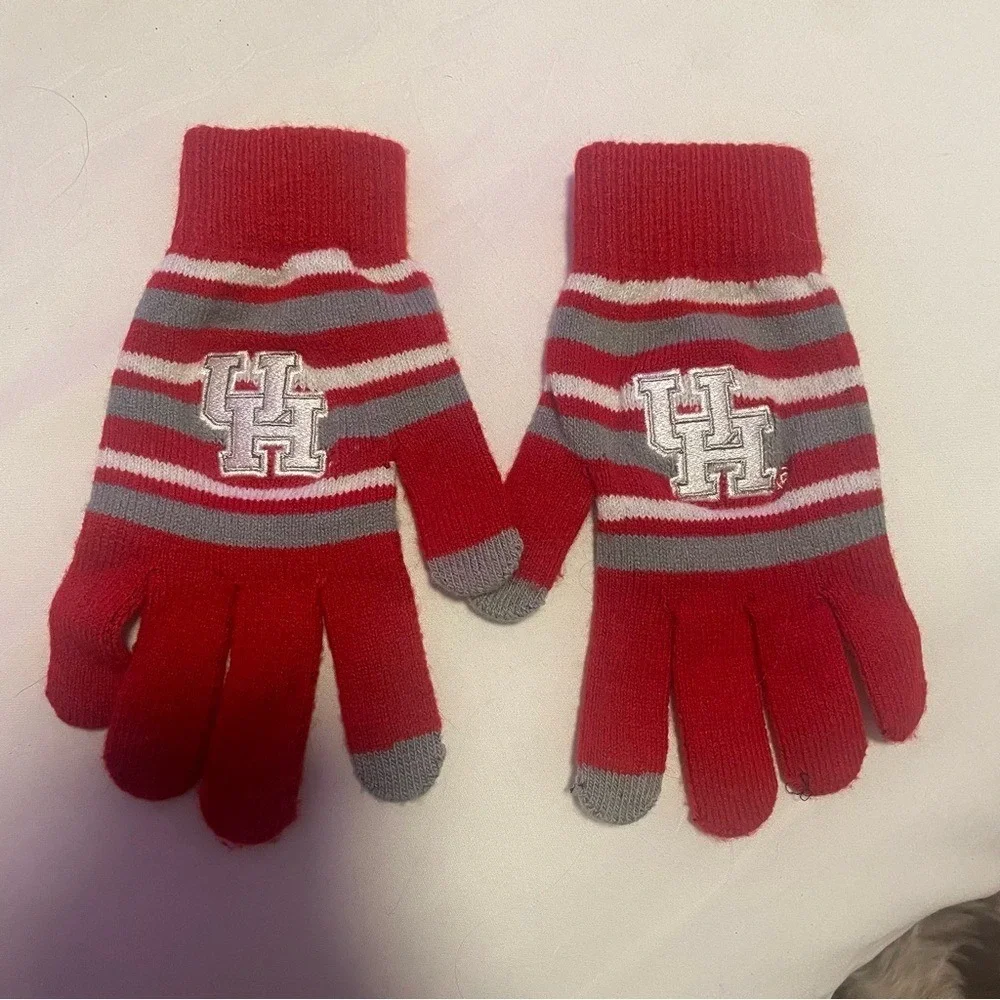 Red Gray White Striped Gloves with UH Logo Touchscreen Compatible Houston‎